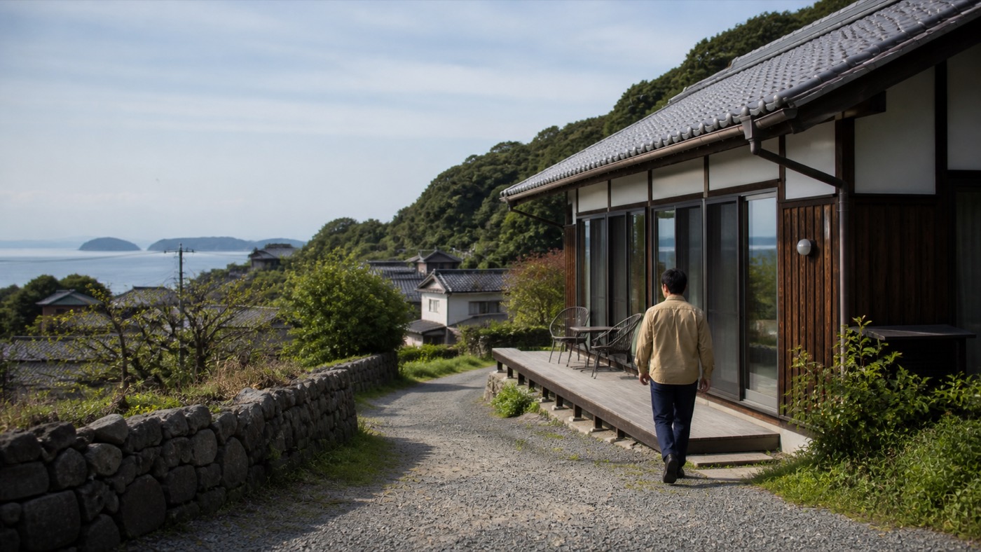 小豆島の家屋と海を望む道を歩くスタッフ